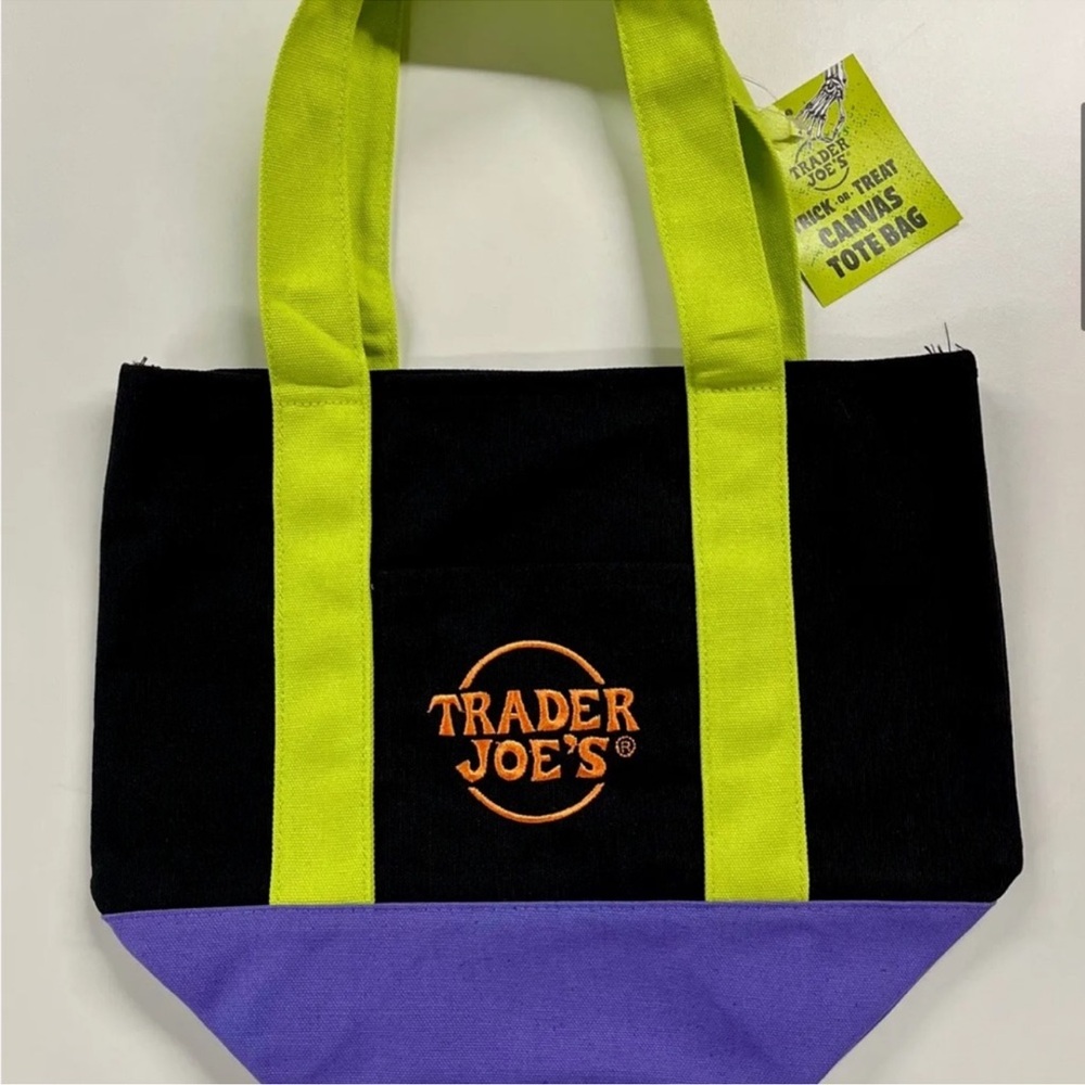 Trader Joe's Black and Purple Canvas Tote Bag